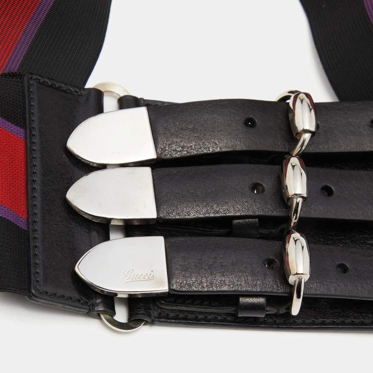 Pre Owned Gucci Black/Red Elastic and Leather Web Waist Belt 85CM