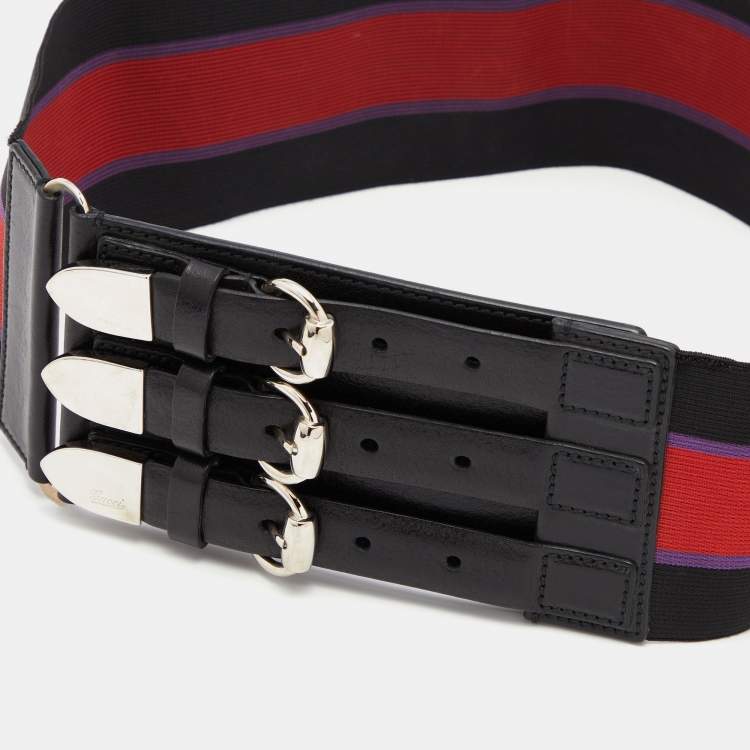 Pre Owned Gucci Black/Red Elastic and Leather Web Waist Belt 85CM