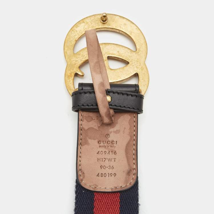 Pre Owned Gucci Black/Red Leather and Canvas GG Web Buckle Belt 90CM