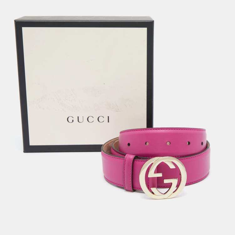Pre Owned Gucci Pink Leather Interlocking G Buckle Belt 80CM