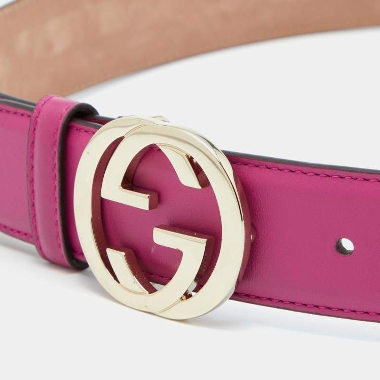Pre Owned Gucci Pink Leather Interlocking G Buckle Belt 80CM