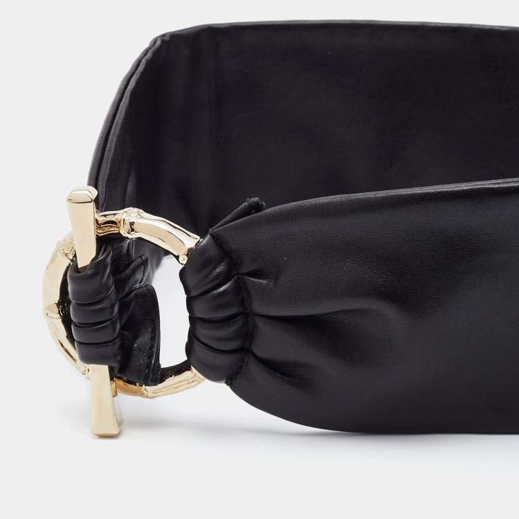 Pre Owned Gucci Black Leather Bamboo Accent Wide Waist Belt Size 65