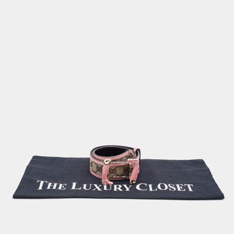 Pre Owned Gucci Beige/Pink GG Canvas and Leather Interlocking G Buckle Belt 85CM