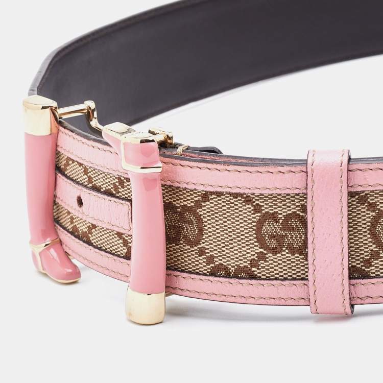 Pre Owned Gucci Beige/Pink GG Canvas and Leather Interlocking G Buckle Belt 85CM
