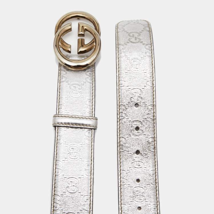Pre Owned Gucci Silver Guccissima Leather Interlocking G Buckle Belt 85CM