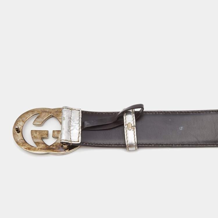 Pre Owned Gucci Silver Guccissima Leather Interlocking G Buckle Belt 85CM
