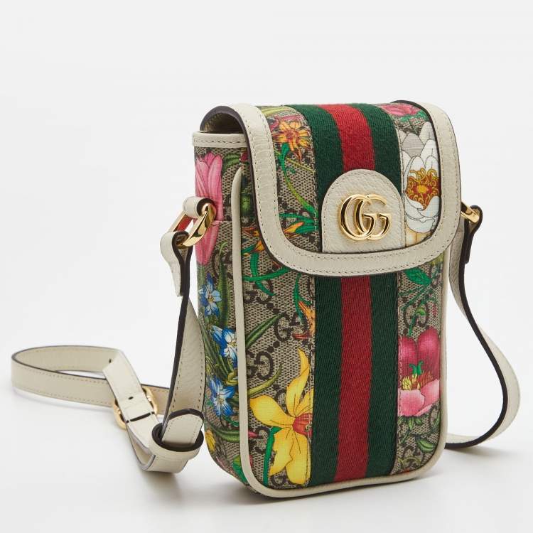 Pre Owned Gucci Beige GG Supreme Ophidia Floral Phone Crossbody Bag