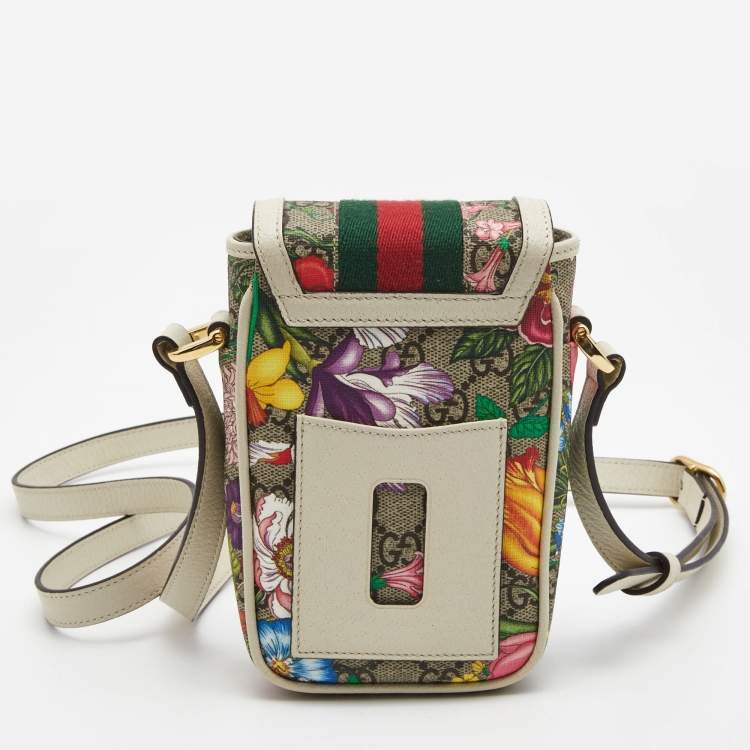 Pre Owned Gucci Beige GG Supreme Ophidia Floral Phone Crossbody Bag
