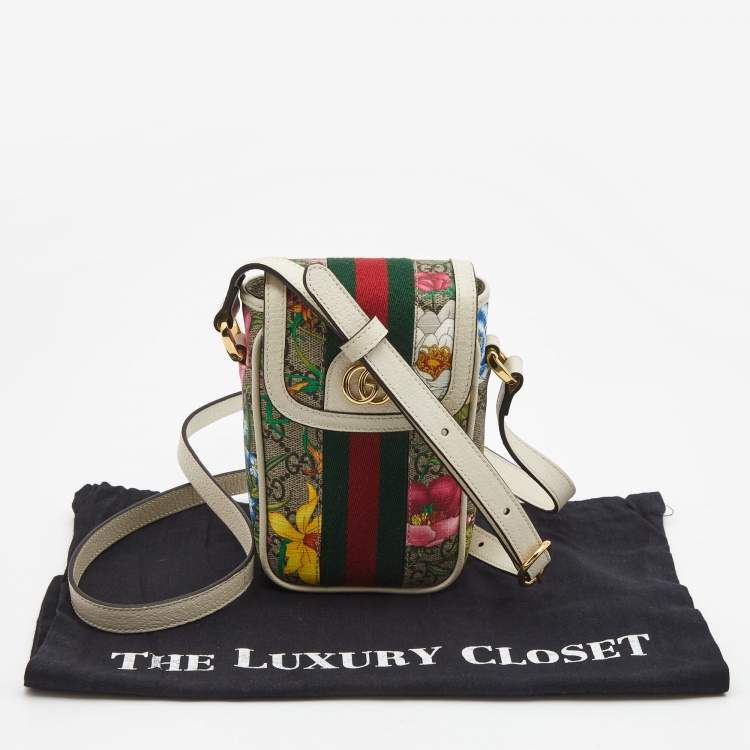Pre Owned Gucci Beige GG Supreme Ophidia Floral Phone Crossbody Bag