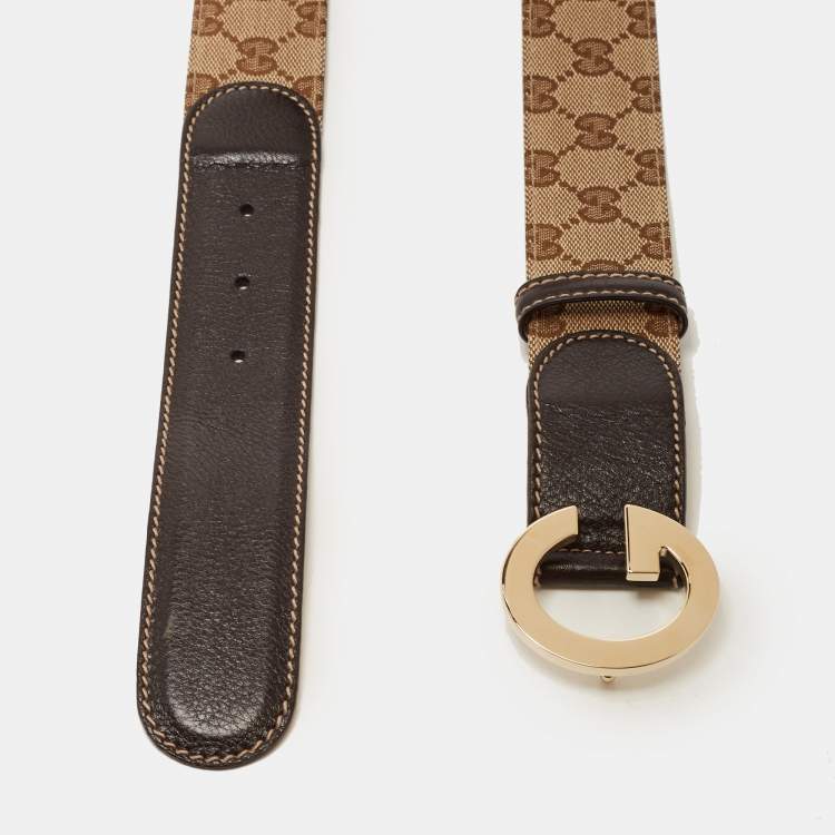 Pre Owned Gucci Beige/Brown GG Canvas and Leather G Buckle Belt 85CM