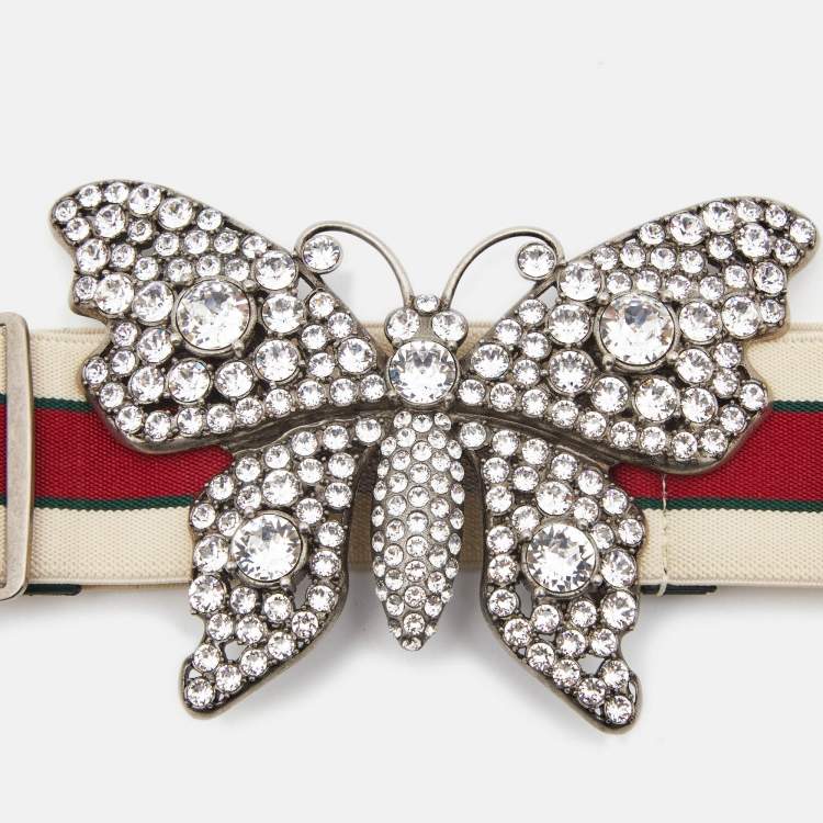 Pre Owned Gucci White/Red Elastic Band Butterfly Crystals Belt 90CM