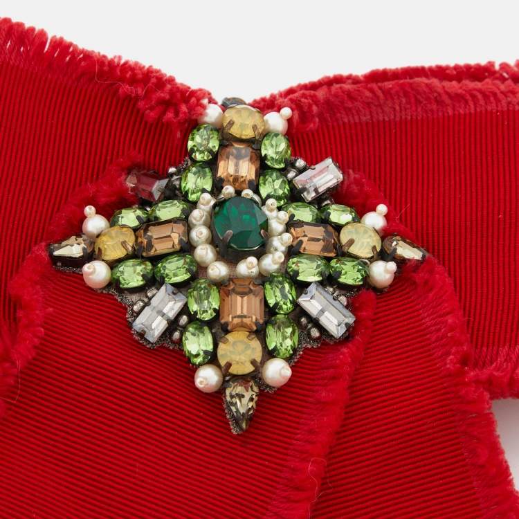 Pre Owned Gucci Red Fabric Embellished Detail Bow Brooch