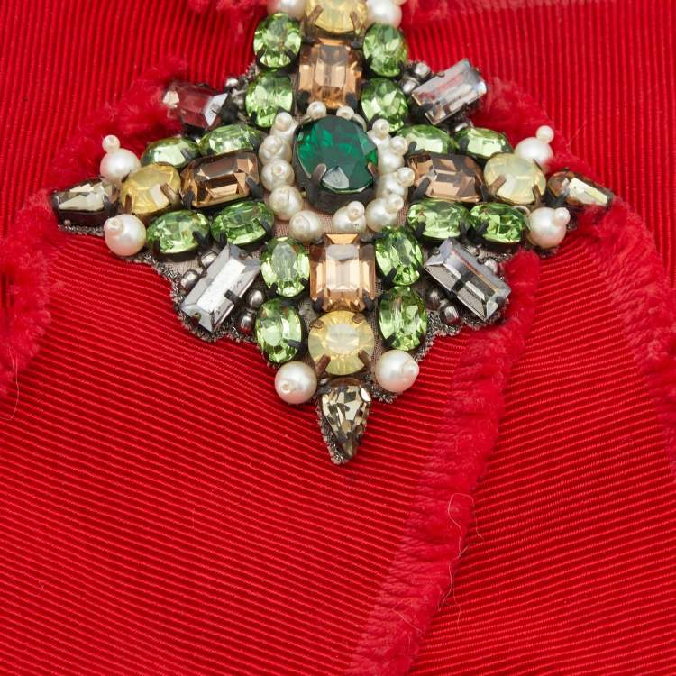 Pre Owned Gucci Red Fabric Embellished Detail Bow Brooch