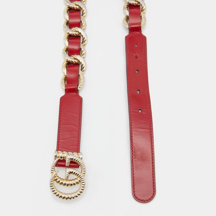 Pre Owned Gucci Red Leather Torchon Chain GG Buckle Belt 95CM