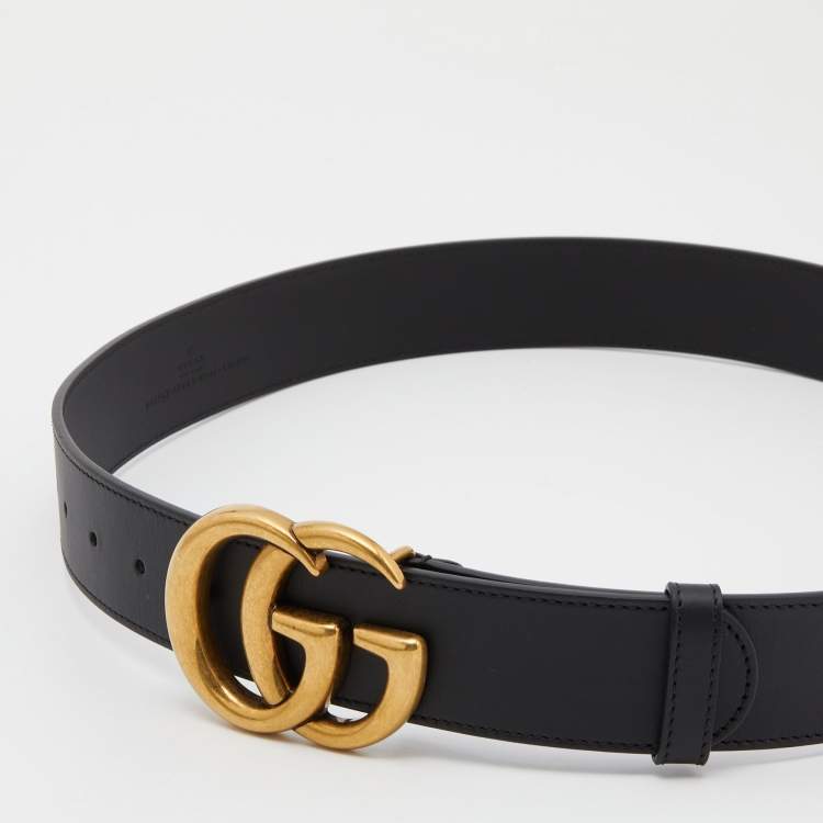 Pre Owned Gucci Black Leather Double G Buckle Belt 90CM
