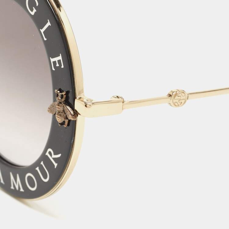 Pre Owned Gucci Gold Tone/Grey Gradient GG0113S L'aveugle Par Amour Round Sunglasses 
