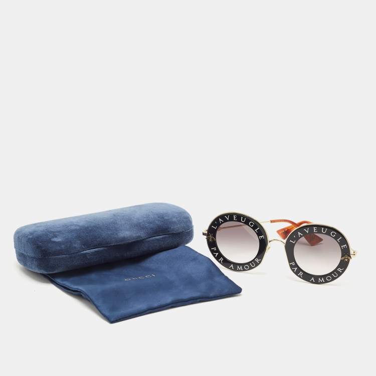 Pre Owned Gucci Gold Tone/Grey Gradient GG0113S L'aveugle Par Amour Round Sunglasses 