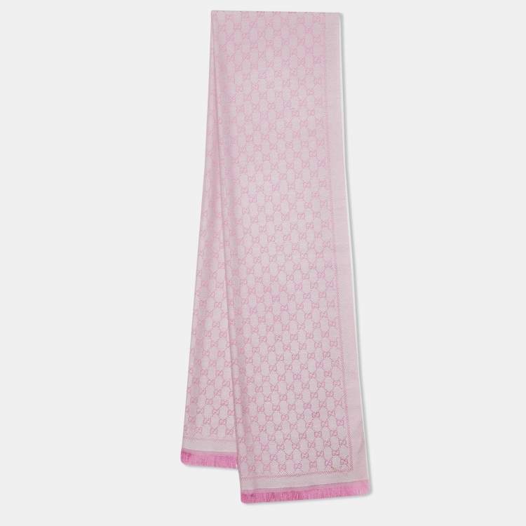 Pre Owned Gucci Rose and Ivory Guccissima Wool Jacquard Fringed Outlet Shawl