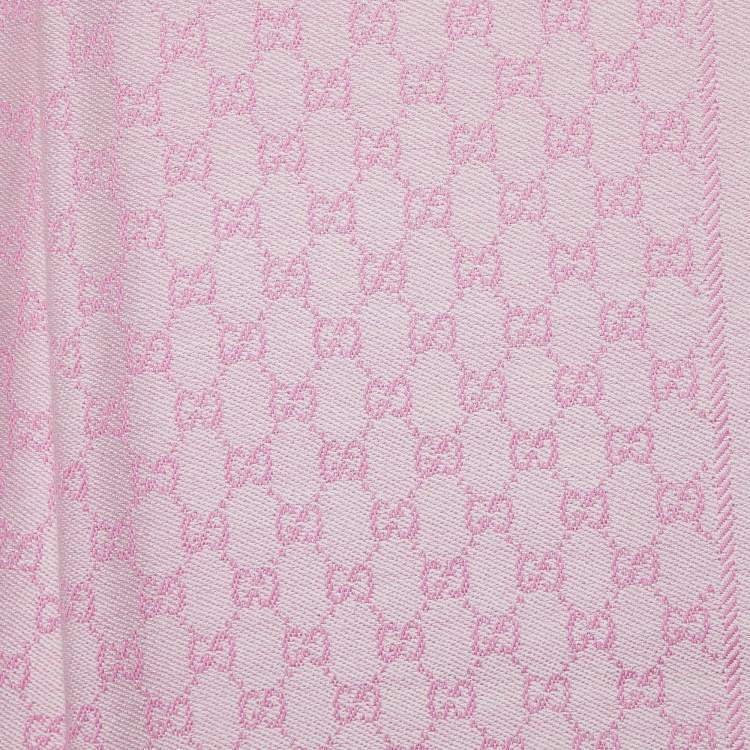 Pre Owned Gucci Rose and Ivory Guccissima Wool Jacquard Fringed Outlet Shawl