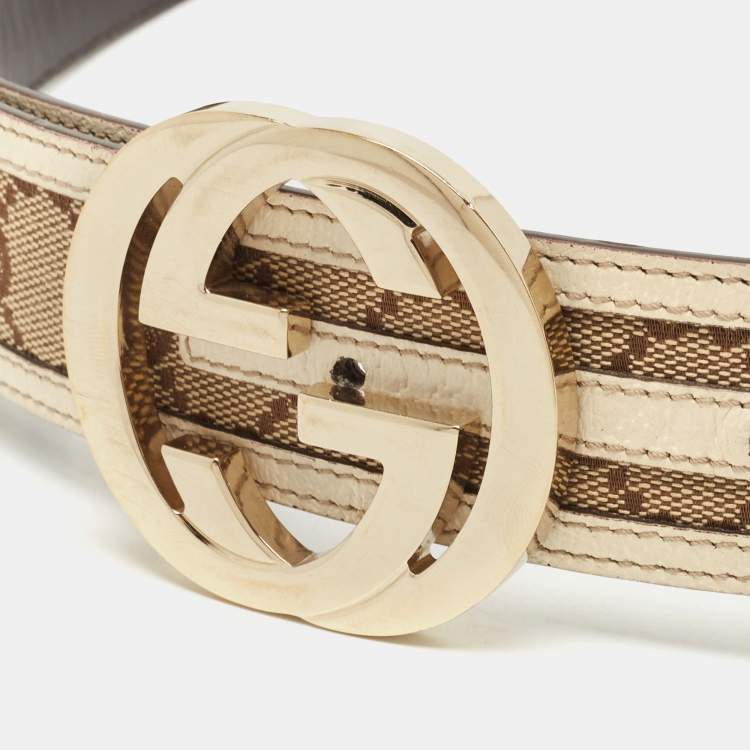 Pre Owned Gucci White/Beige GG Canvas and Leather Interlocking G Belt 90CM