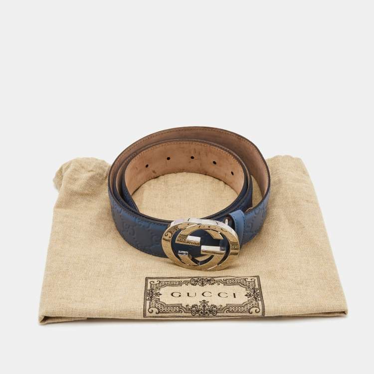 Pre Owned Gucci Light Blue Guccissima Leather Interlocking G Buckle Belt 105CM