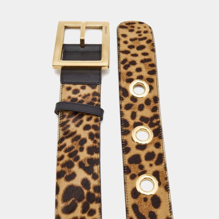 Pre Owned Gucci Beige/Black Leopard Print Calfhair and Leather Wide Buckle Belt 70CM