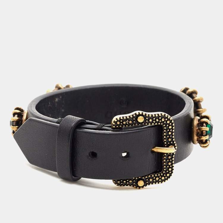 Pre Owned Gucci Feline Crystals Gold Tone Leather Bracelet