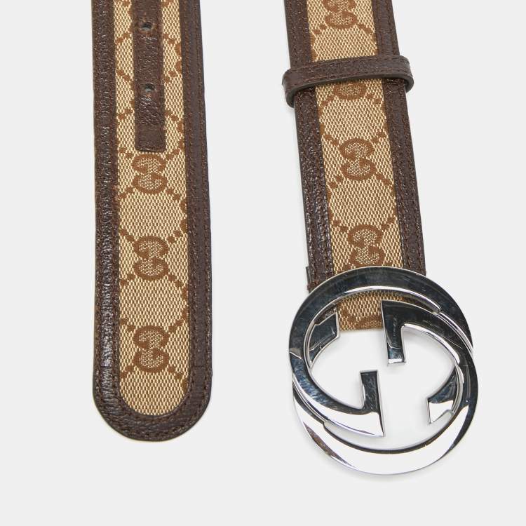 Pre Owned Gucci Beige/Brown GG Canvas and Leather Interlocking G Buckle Belt 95CM