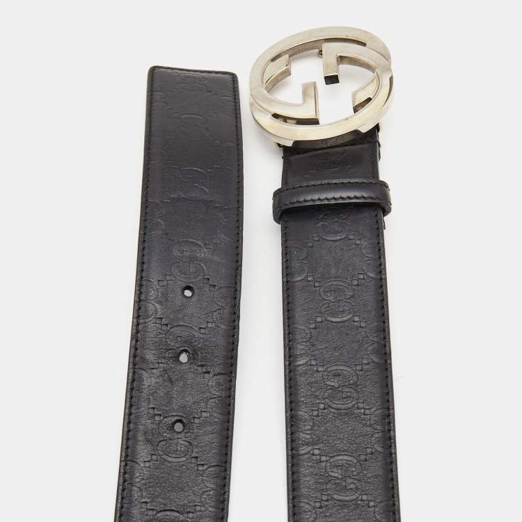 Pre Owned Gucci Black Guccissima Leather Interlocking GG Buckle Belt 90CM