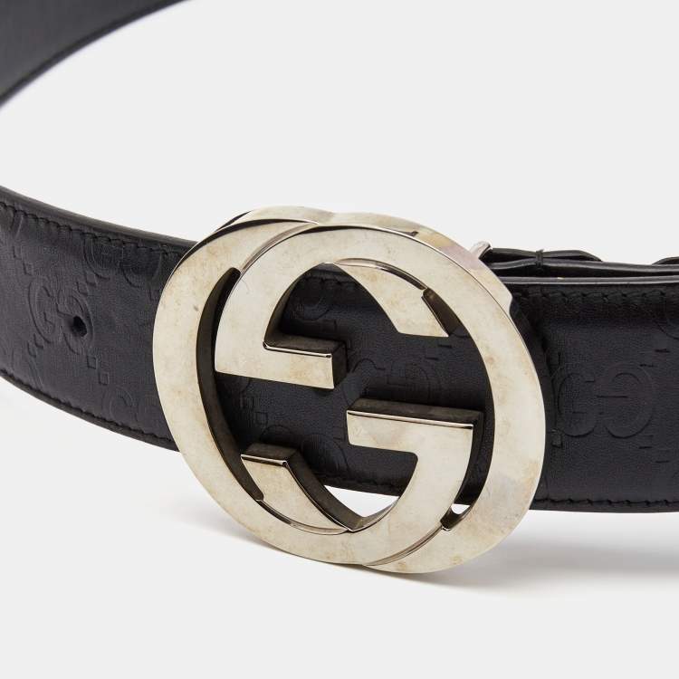 Pre Owned Gucci Black Guccissima Leather Interlocking GG Buckle Belt 90CM