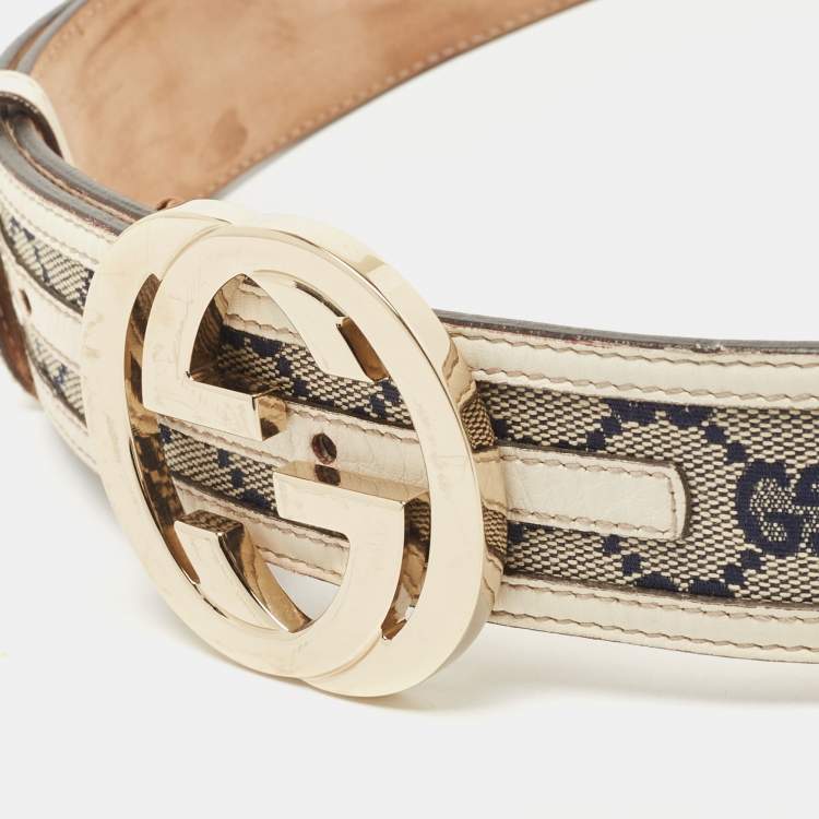 Pre Owned Gucci White/Blue GG Canvas and Leather Interlocking G Buckle Belt 85CM