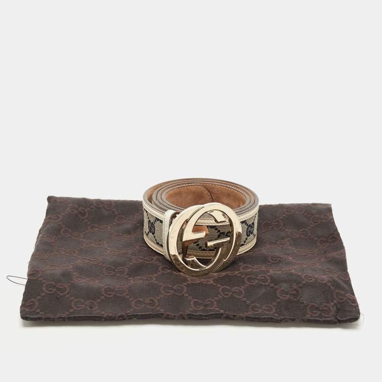 Pre Owned Gucci White/Blue GG Canvas and Leather Interlocking G Buckle Belt 85CM