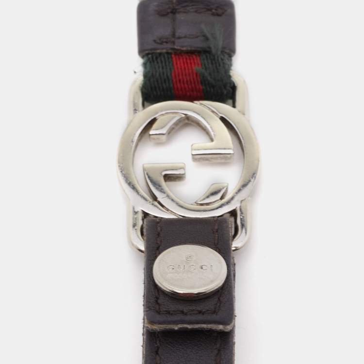 Pre Owned Gucci Green/Red Web Canvas and Leather Interlocking G Lanyard Keychain