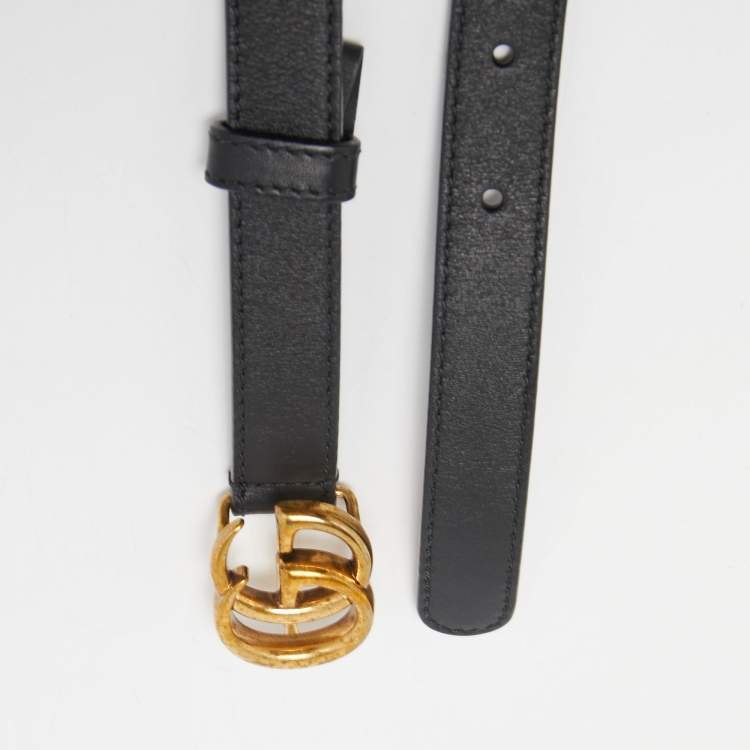 Pre Owned Gucci Black Leather GG Marmont Buckle Slim Belt 85CM
