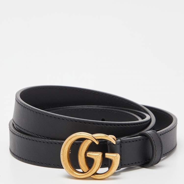 Women's Slim Black Leather Belt With Double G Buckle