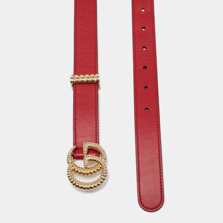 Pre Owned Gucci Red Leather Torchon Double G Buckle Belt 85CM