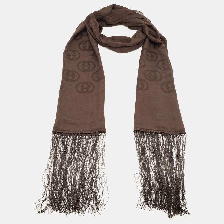 Pre Owned Gucci Brown GG Pattern Silk Fringed Stole