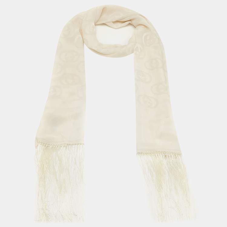 Pre Owned Gucci Ivory GG Pattern Silk Fringed Stole
