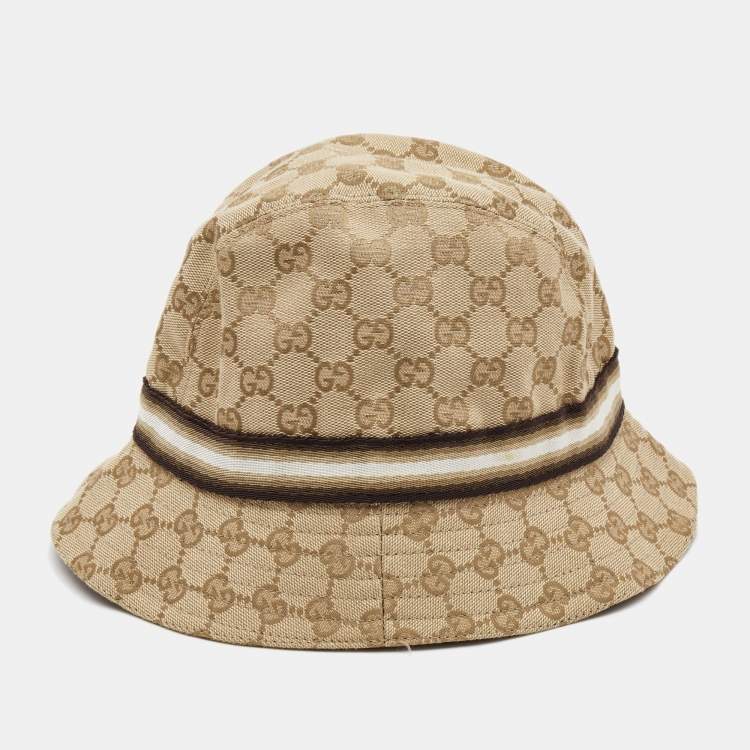 Pre Owned Gucci Beige Logo Monogram Web Detail GG Canvas Bucket Hat S