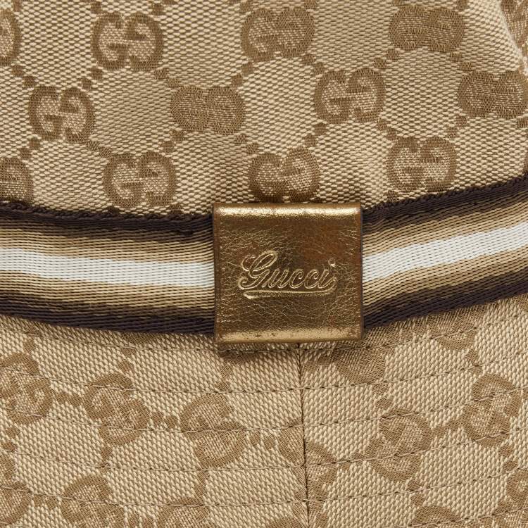 Pre Owned Gucci Beige Logo Monogram Web Detail GG Canvas Bucket Hat S