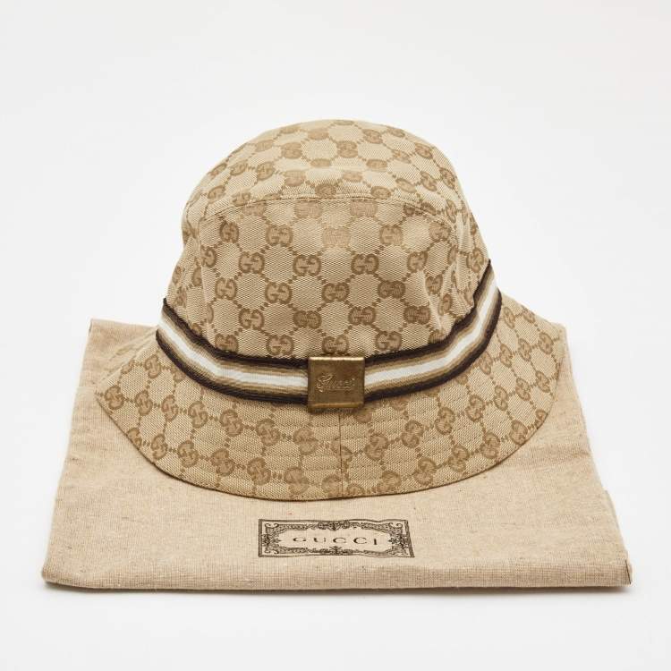 Pre Owned Gucci Beige Logo Monogram Web Detail GG Canvas Bucket Hat S