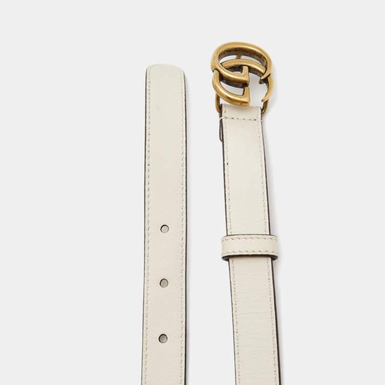 Pre Owned Gucci White Leather GG Marmont Slim Belt 85CM