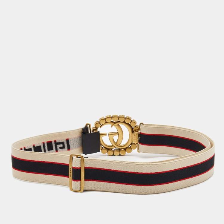 Pre Owned Gucci Red/Off White Logo Elastic Band Double G Crystals Belt 95CM