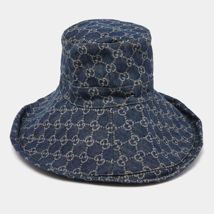 Pre Owned Gucci Navy Blue Monogram Denim Wide Brim Bucket Hat M