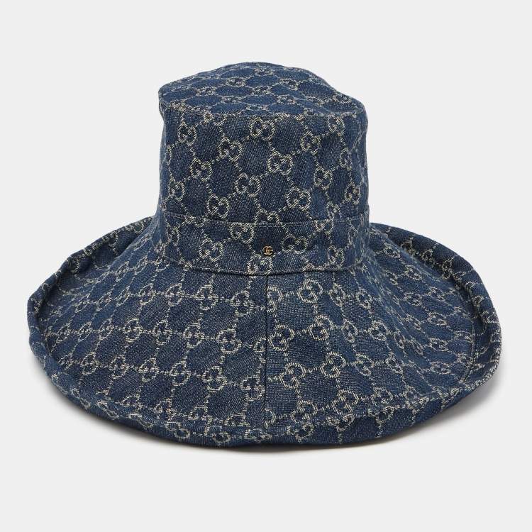 Gucci Navy Blue Monogram Denim Wide Brim Bucket Hat M