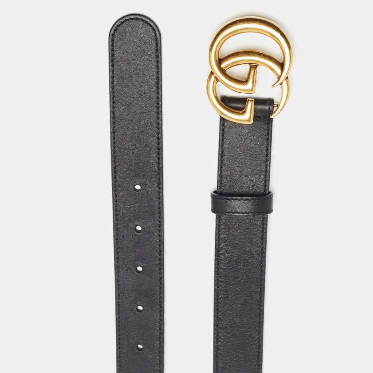 Pre Owned Gucci Black Leather Double G Buckle Belt 90CM