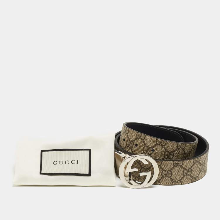 Pre Owned Gucci Beige/Black GG Supreme Canvas and Leather Interlocking G Buckle Belt 85CM