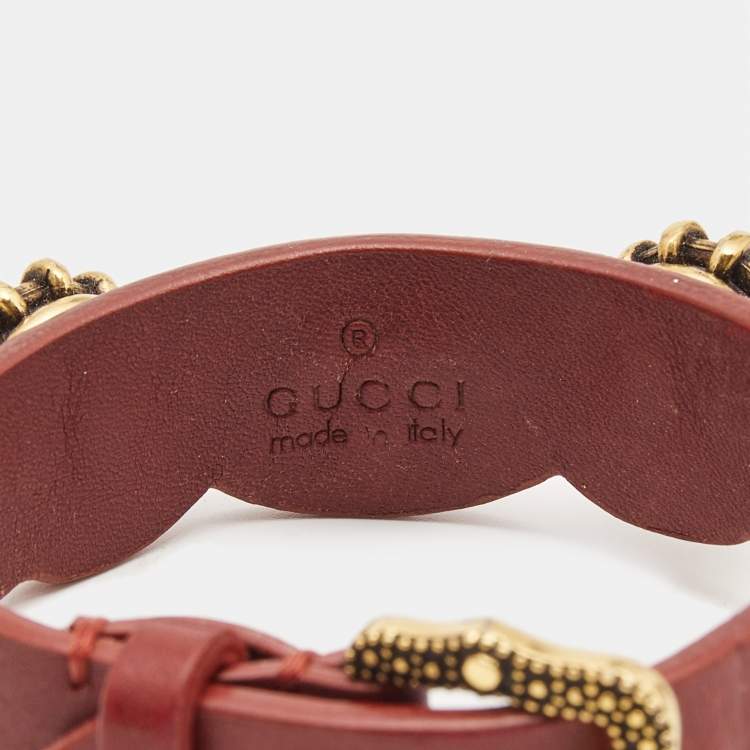 Pre Owned Gucci Feline Crystals Gold Tone Leather Bracelet