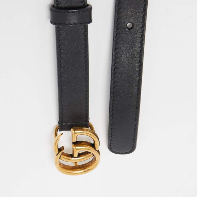 Pre Owned Gucci Black Leather GG Marmont Slim Buckle Belt 70CM