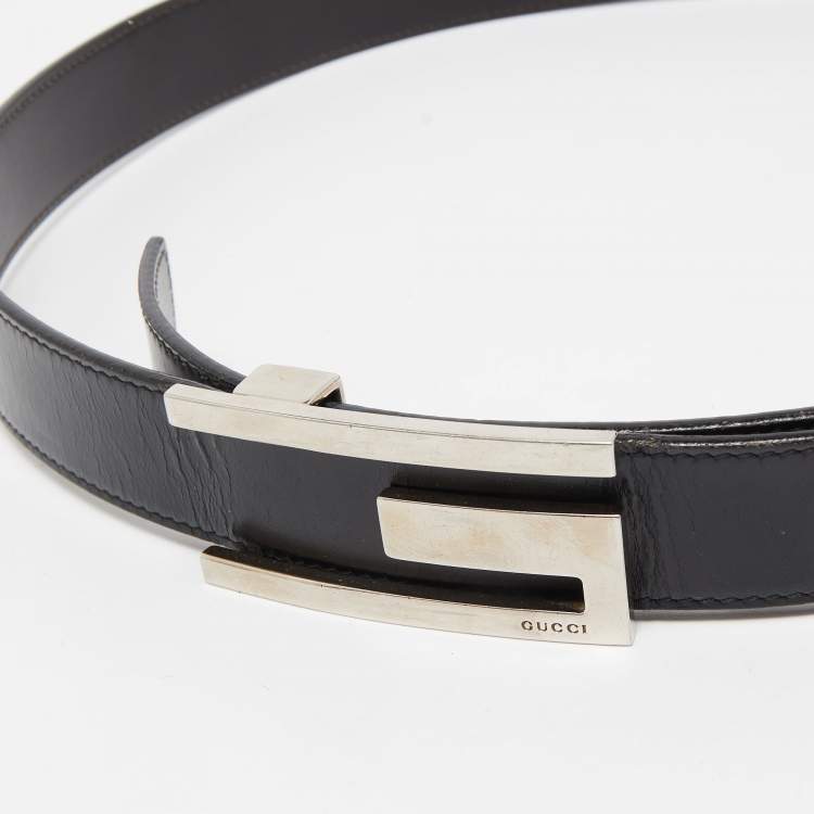Pre Owned Gucci Black Leather G Buckle Reversible Belt 90CM